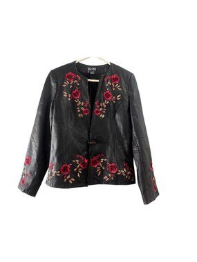 Belle Sport Leather Floral Embroidered Jacket Womens Large Black Boho Rockstar